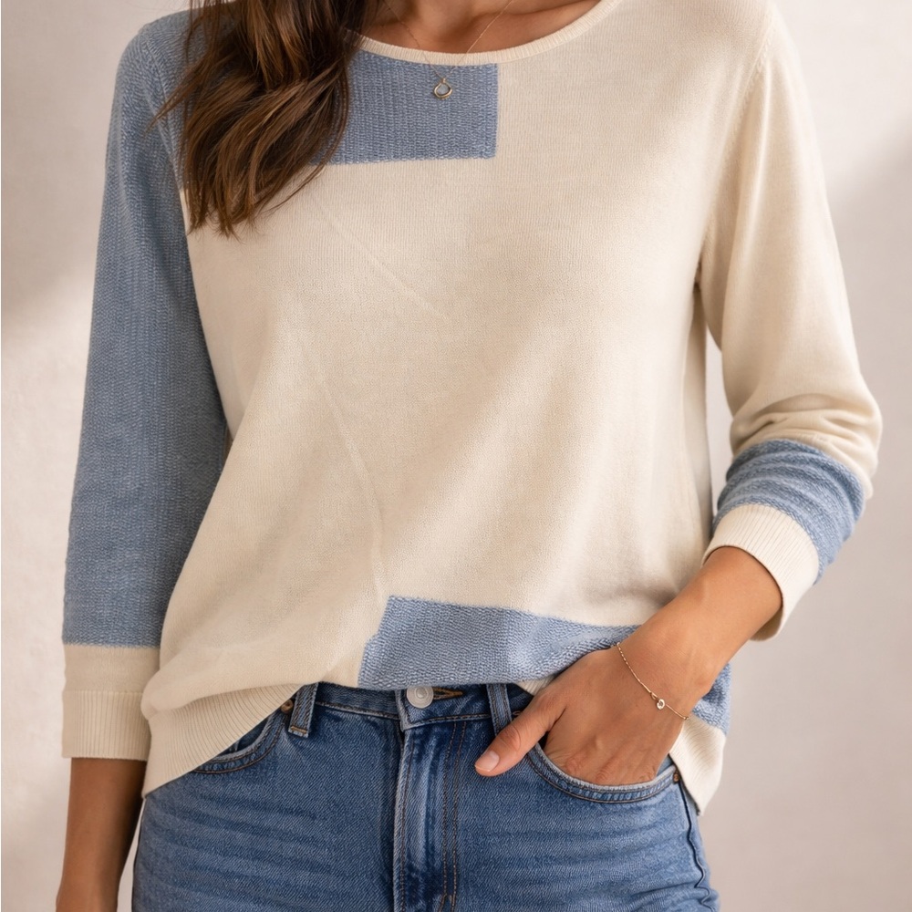 Escada Cream and Blue Colorblock Sweater